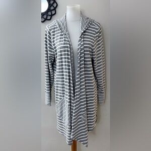 Sunday Gray and White Striped Hooded Cardigan Casual Chic Comfort Relax Fall